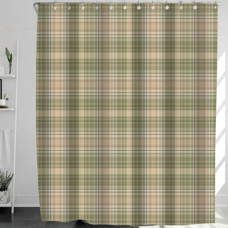 Abaysto Gingham Plaid Beige Grey Sage Abstract Autumn Celtic Checked Checkered Bathroom Decor Shower Curtain Sets with Hooks Polyester Fabric Great Gift - Image 2